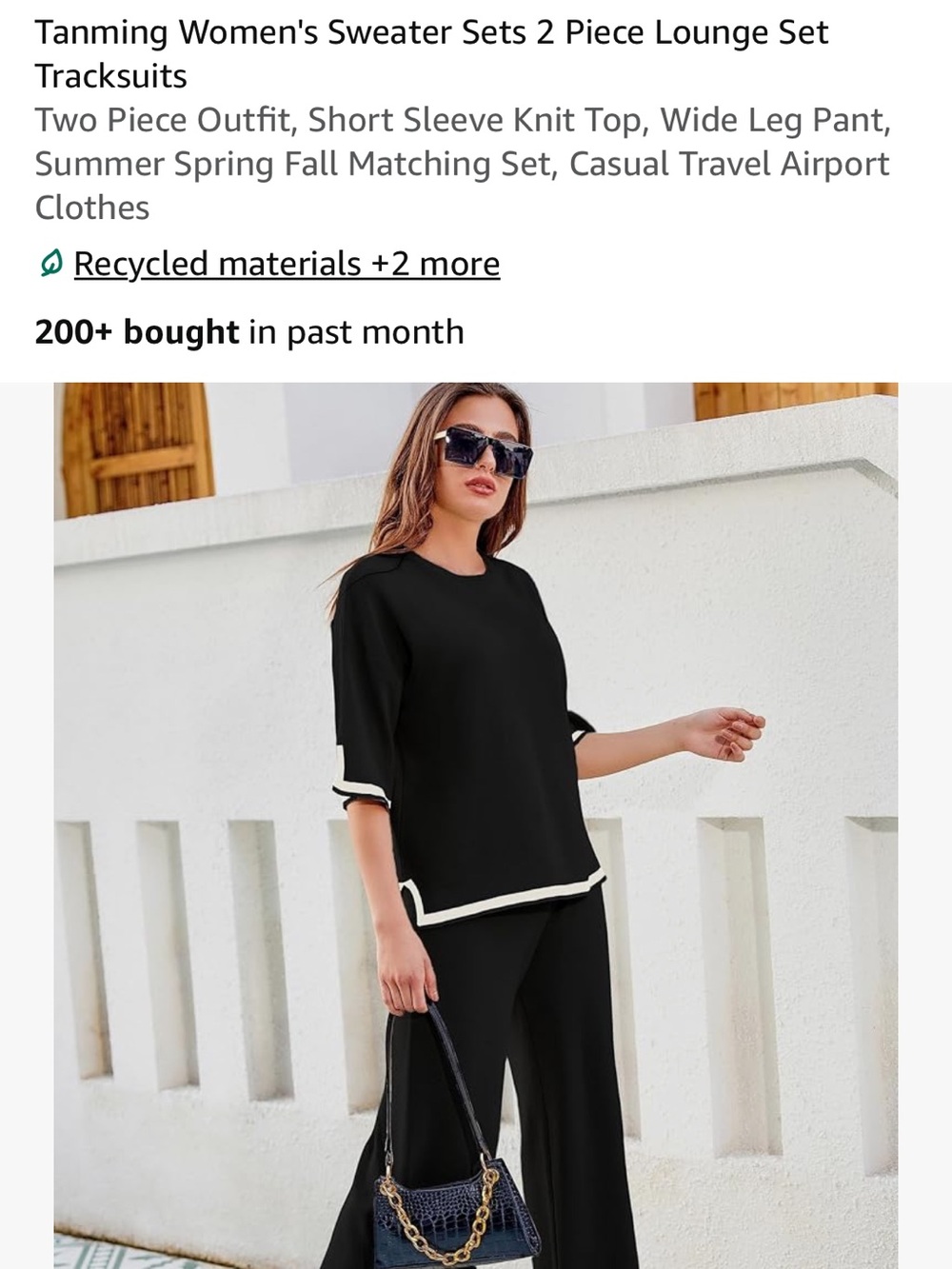 Black Knit Two-Piece Wide-Leg Pantsuit with Cream Trim - Picture 2 of 7